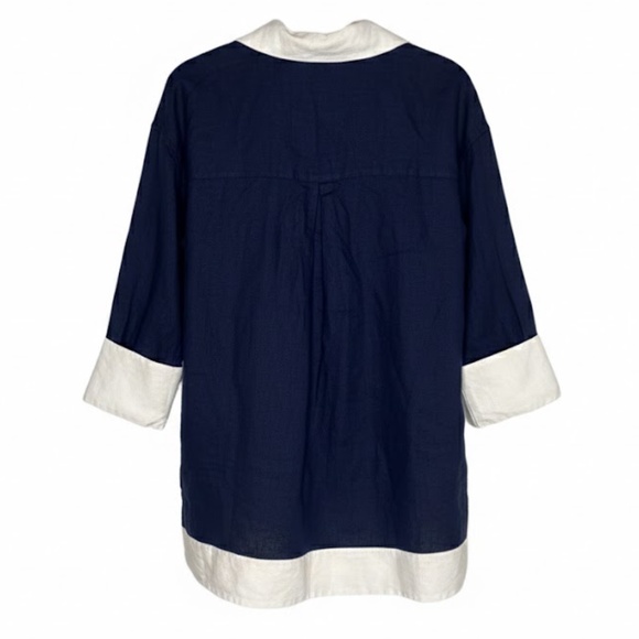 STAUD Navy Blue Linen Tunic Blouse with White Contrast Trim XS Women’s EUC - Picture 2 of 4